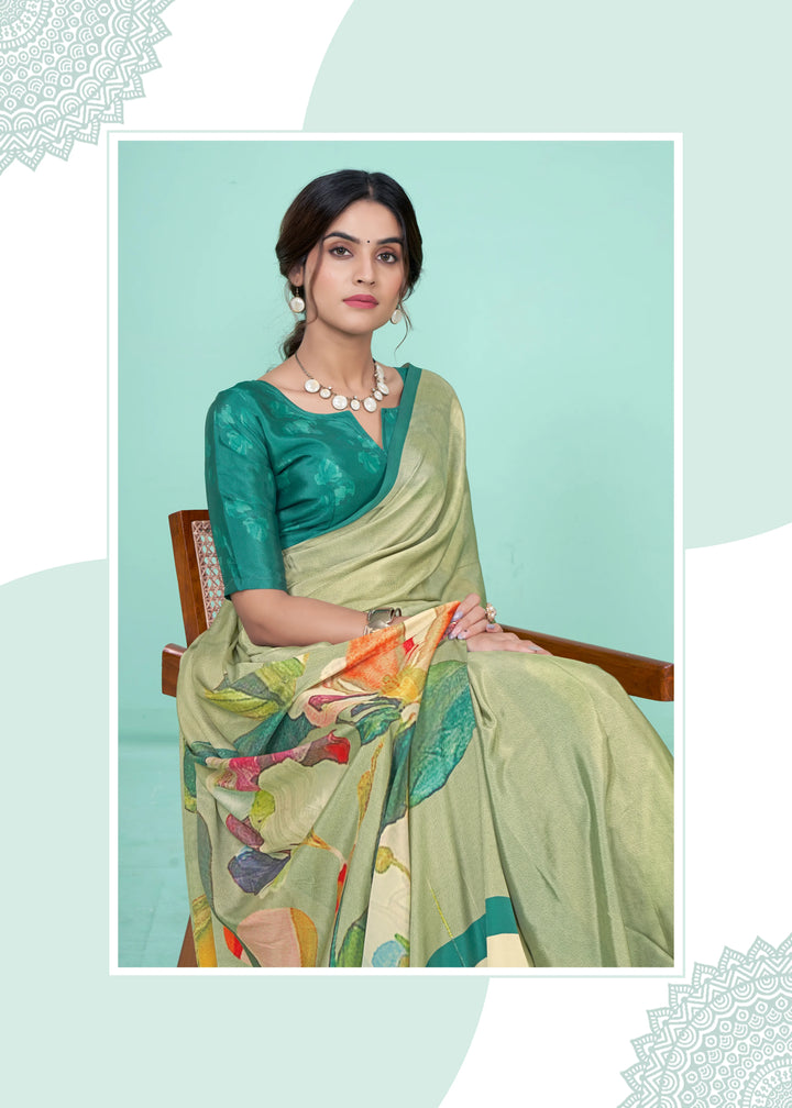Graceful Dusty Green Soft Crepe Saree with Digital Print