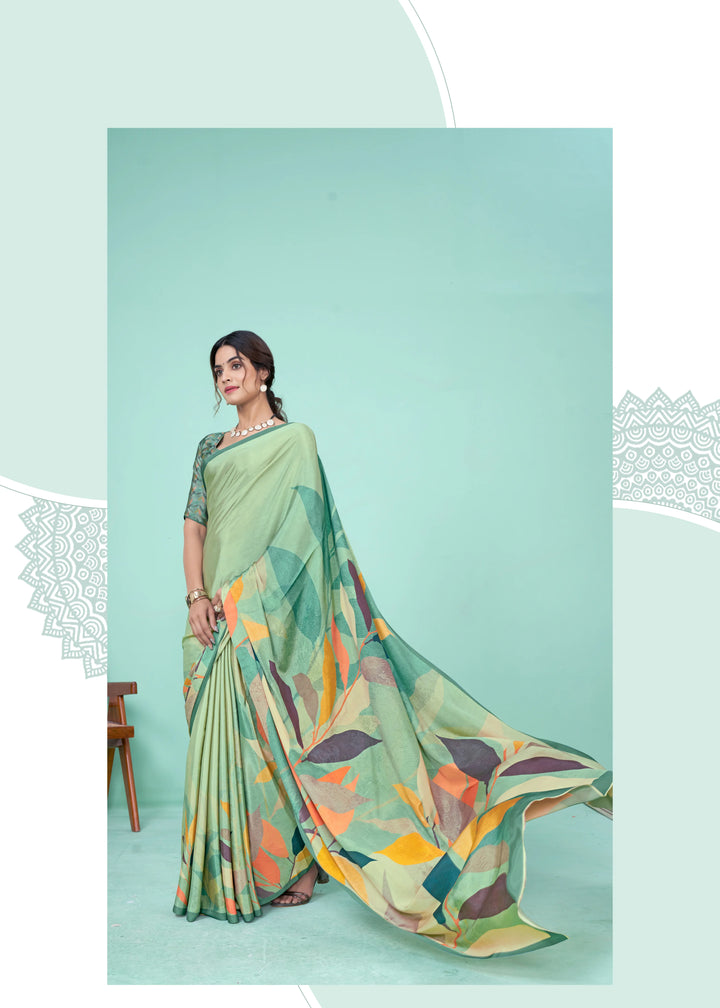 Stylish Pastel Green Saree with Digital Print and Matching Blouse