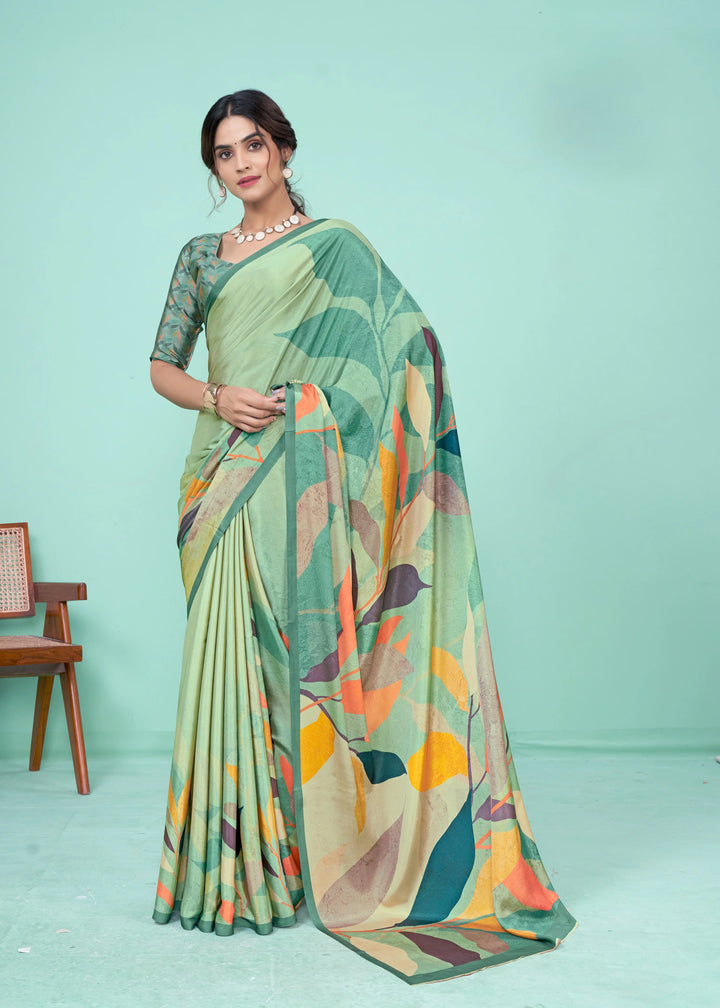 Stylish Pastel Green Saree with Digital Print and Matching Blouse