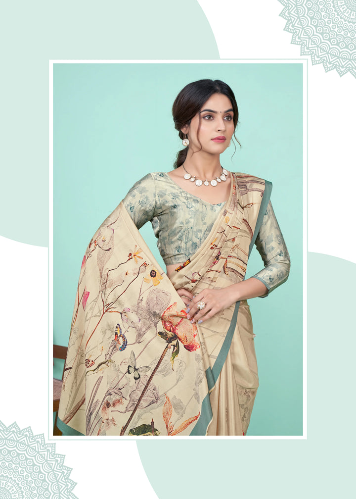 Lightweight Beige Saree in Crepe with Beautiful Print Design