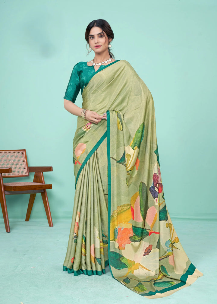Graceful Dusty Green Soft Crepe Saree with Digital Print
