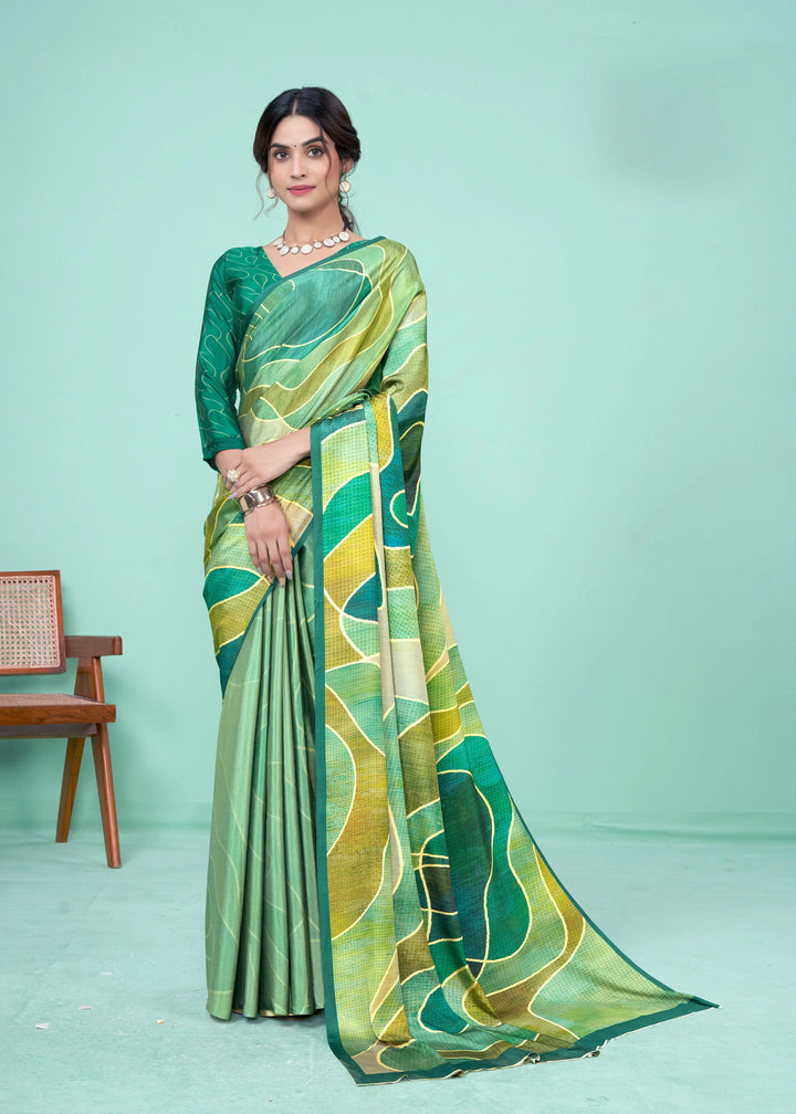 Beautiful Digital Printed Green Saree in Soft Crepe Fabric