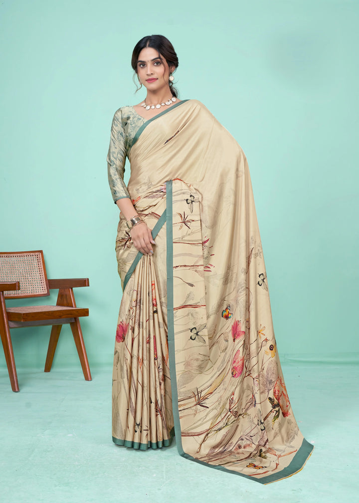 Lightweight Beige Saree in Crepe with Beautiful Print Design