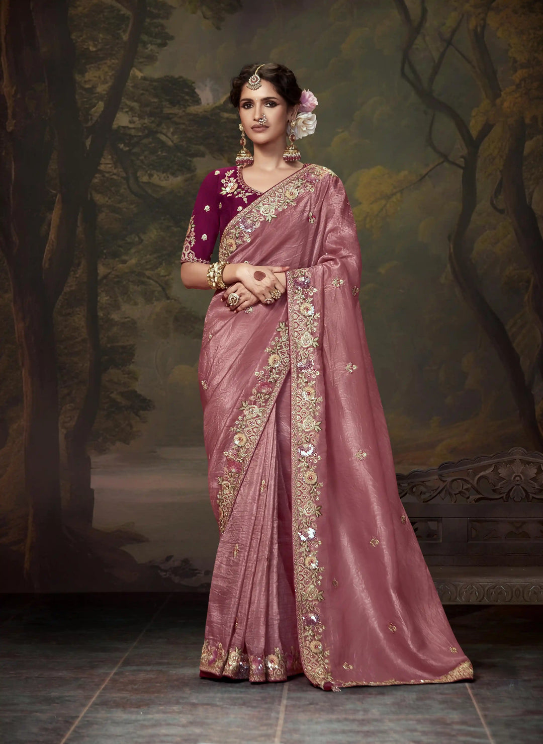 Dusty Pink Handwork Saree with Sequins & Beads for Festivals