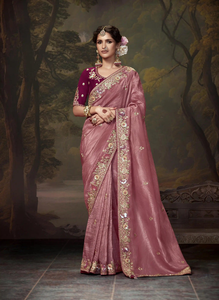 Dusty Pink Handwork Saree with Sequins & Beads for Festivals