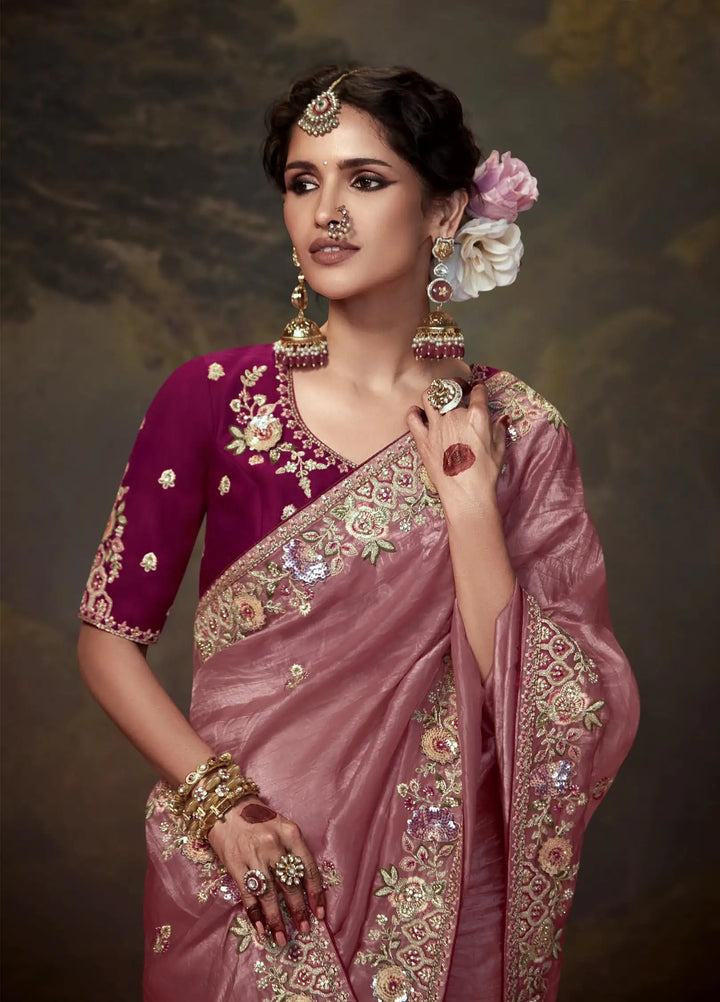 Dusty Pink Handwork Saree with Sequins & Beads for Festivals