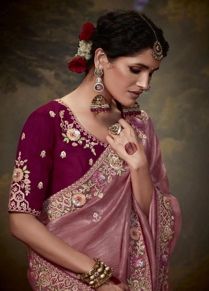 Dusty Pink Handwork Saree with Sequins & Beads for Festivals
