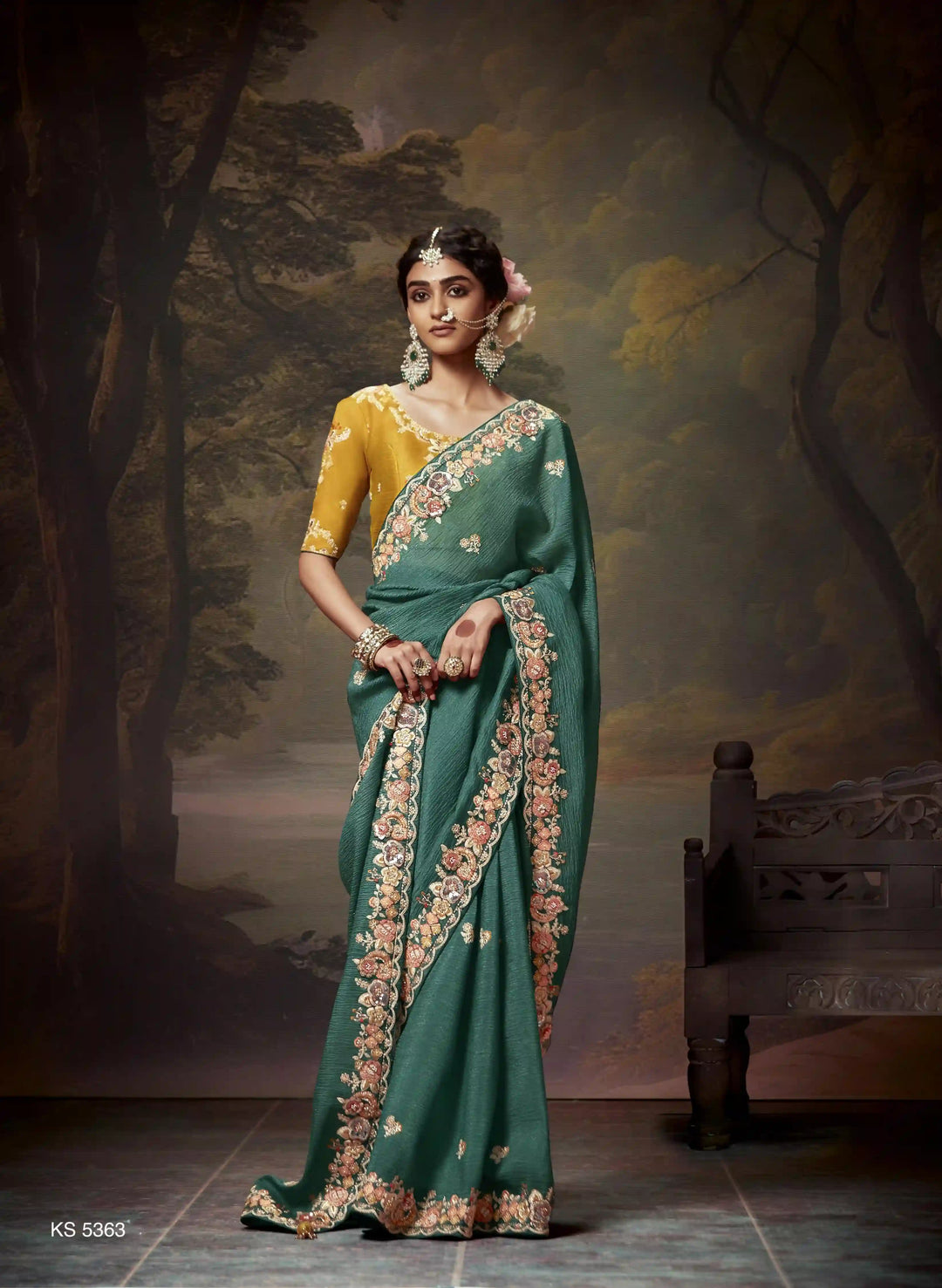 Dusty Green Handwork Saree with Beads & Sequins for Women