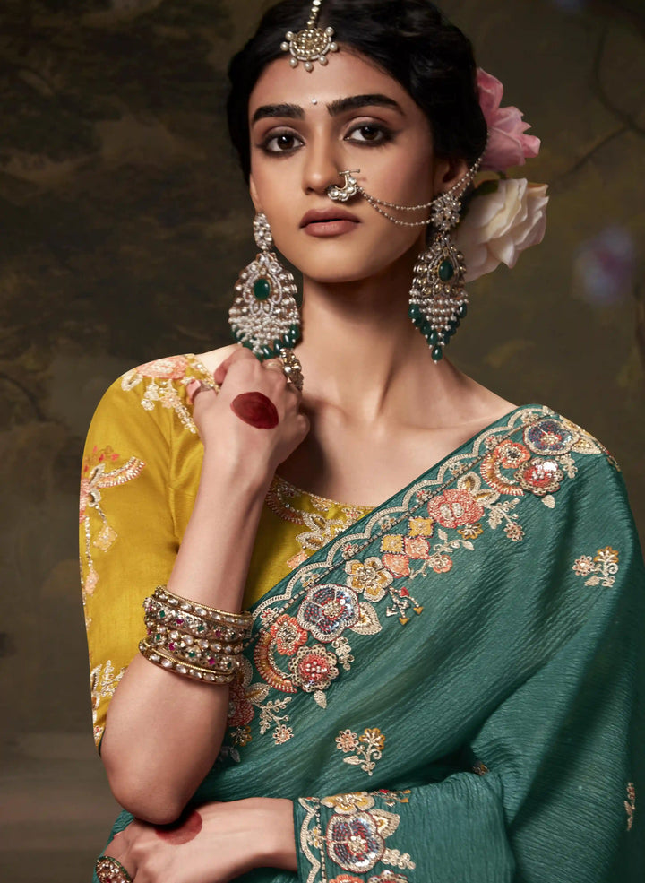 Dusty Green Handwork Saree with Beads & Sequins for Women