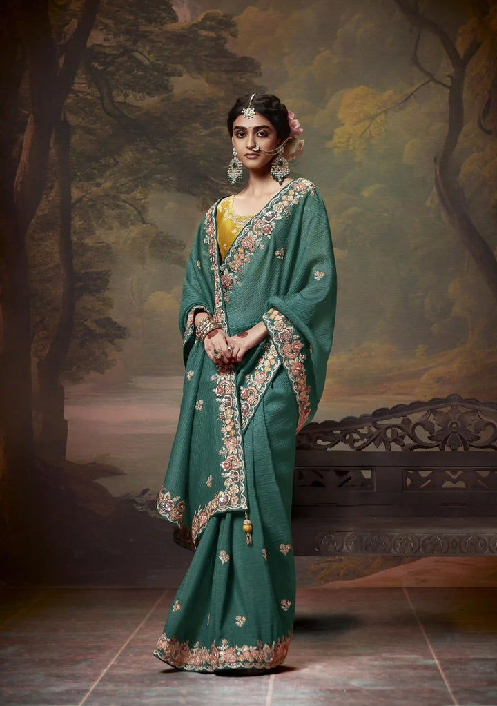 Dusty Green Handwork Saree with Beads & Sequins for Women
