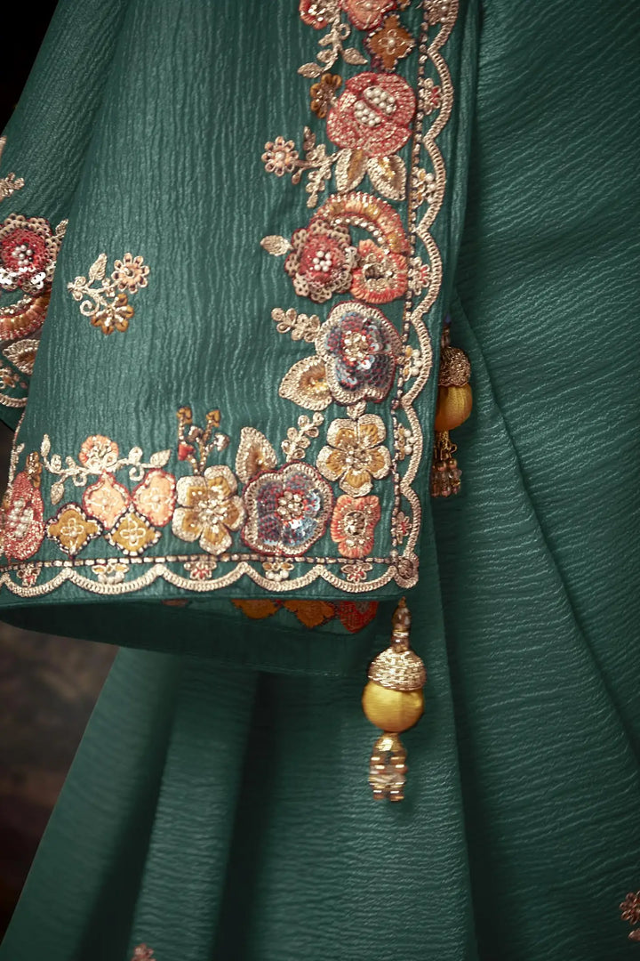 Dusty Green Handwork Saree with Beads & Sequins for Women