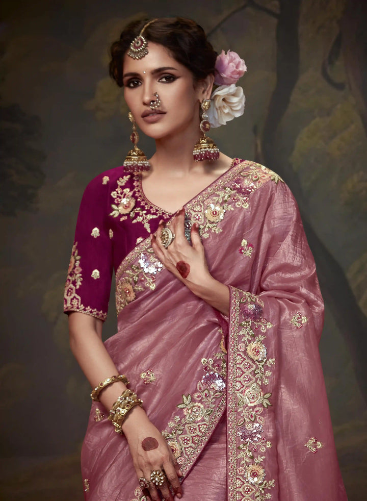 Dusty Pink Handwork Saree with Sequins & Beads for Festivals