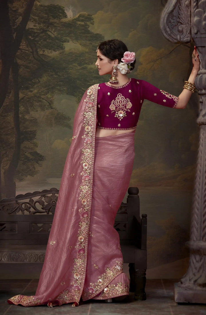 Dusty Pink Handwork Saree with Sequins & Beads for Festivals