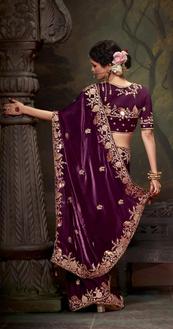 Designer Wine Handwork Saree for Weddings and Celebrations