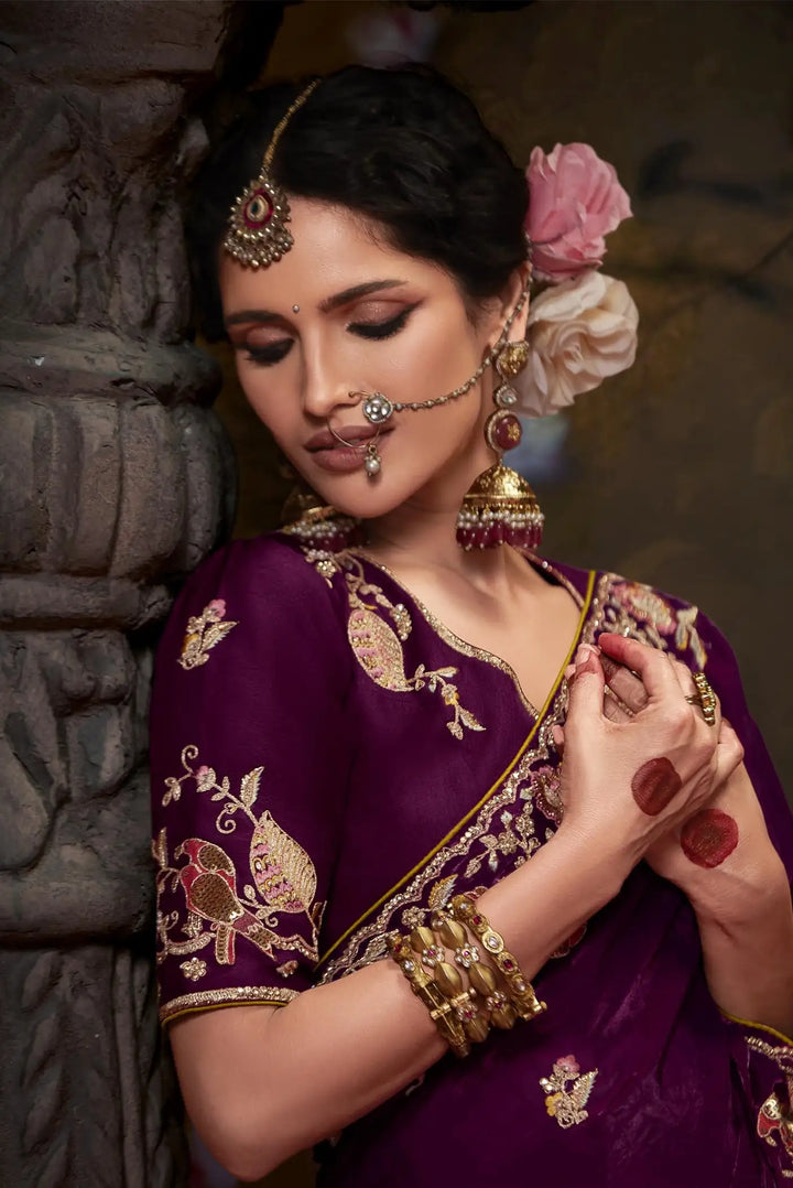 Designer Wine Handwork Saree for Weddings and Celebrations