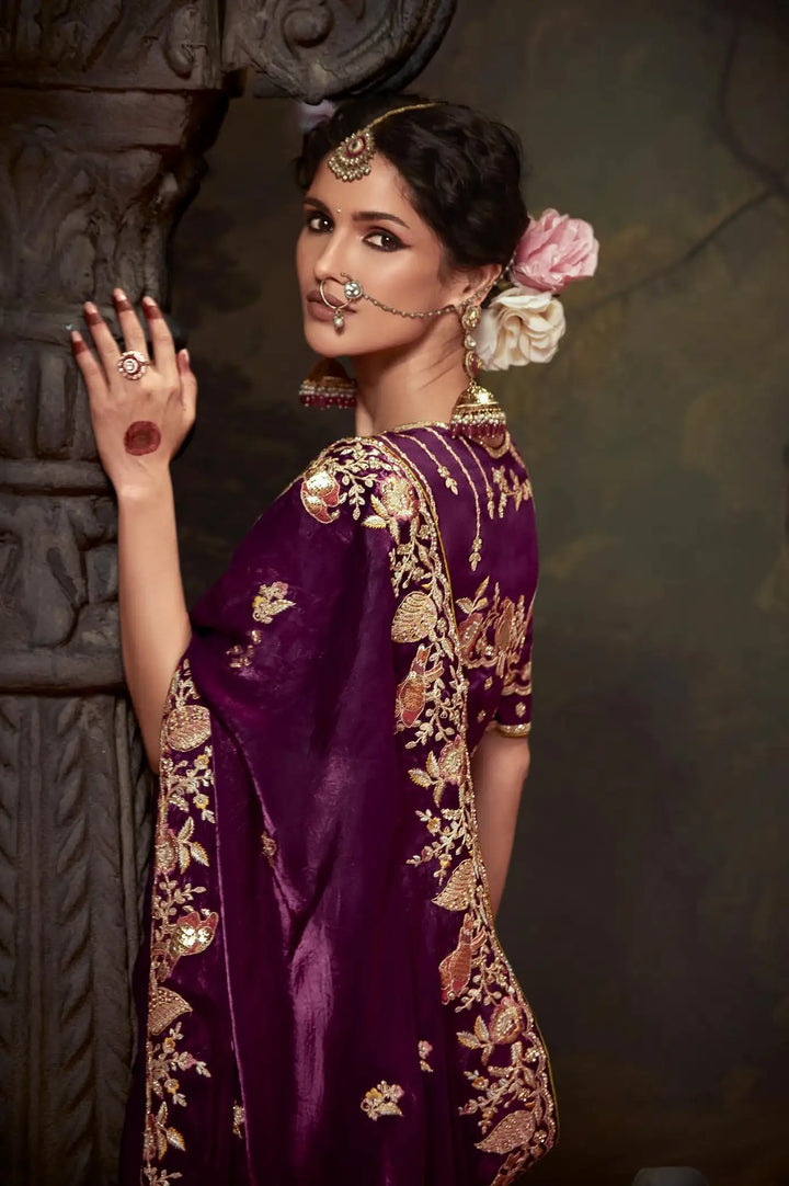 Designer Wine Handwork Saree for Weddings and Celebrations