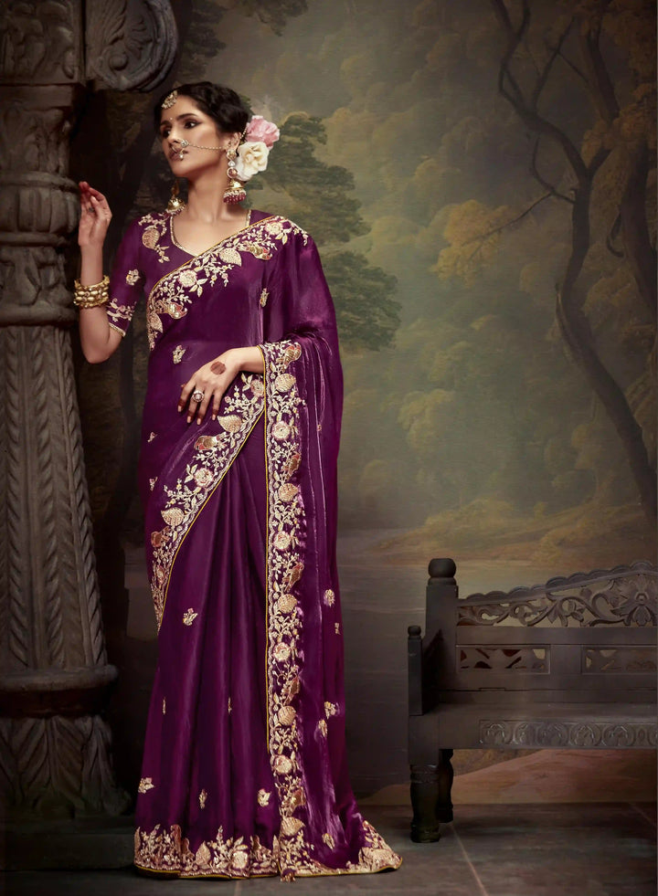 Designer Wine Handwork Saree for Weddings and Celebrations