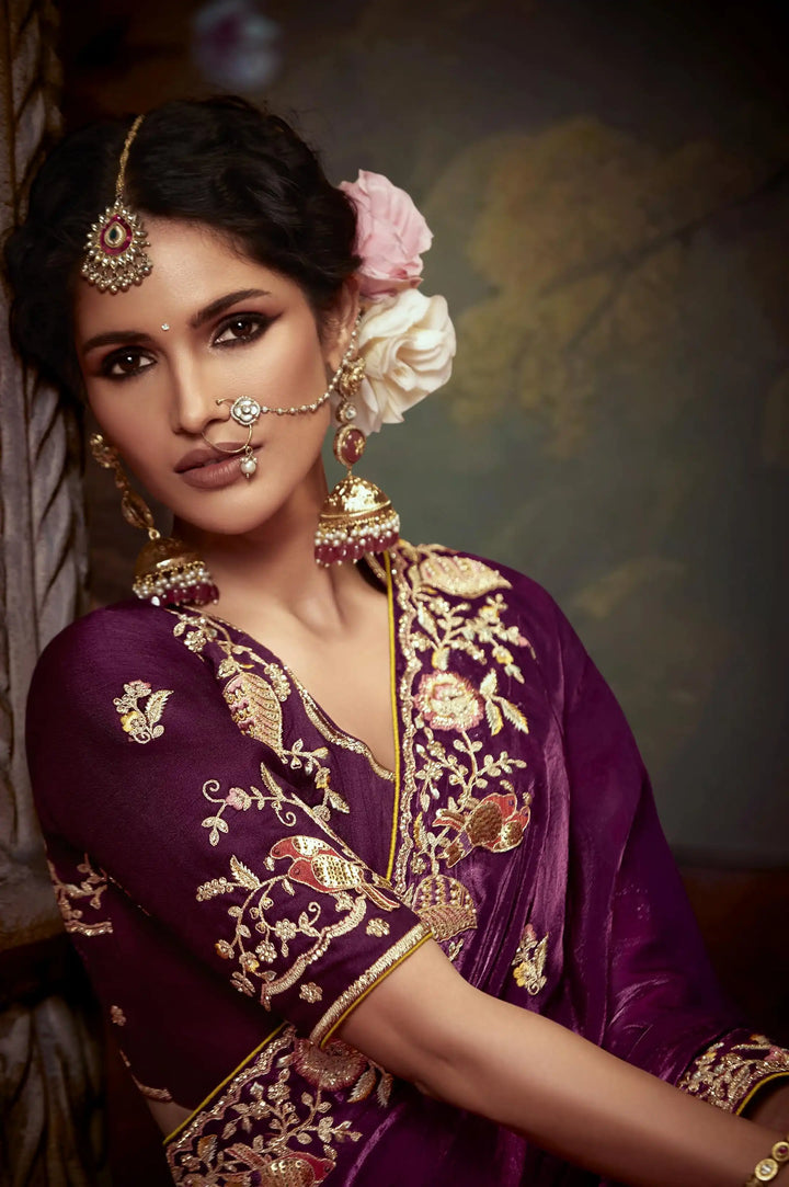 Designer Wine Handwork Saree for Weddings and Celebrations