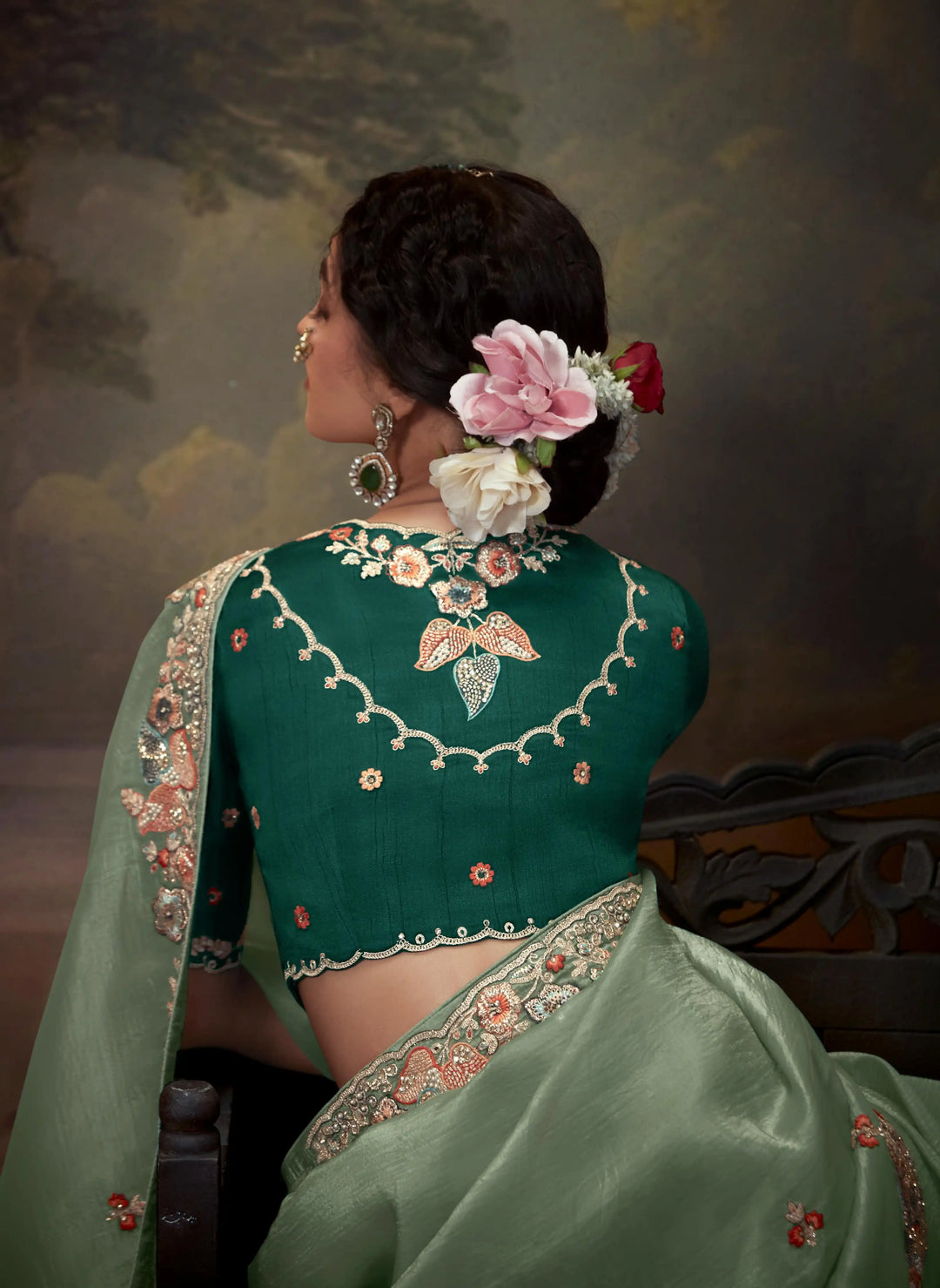 Light Mint Green Handwork Saree with Beads & Sequins for Party Wear