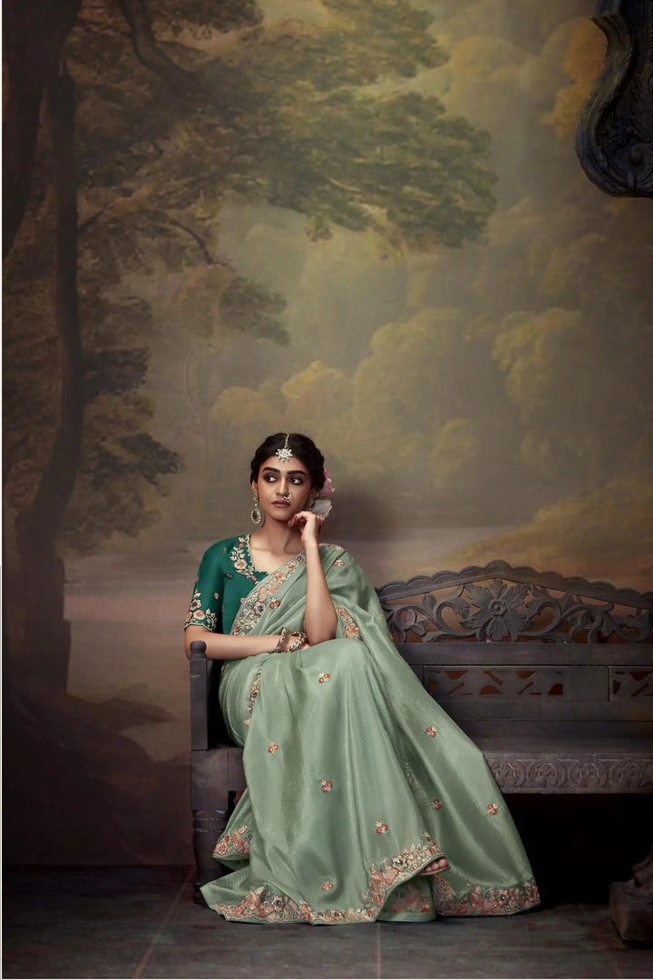 Light Mint Green Handwork Saree with Beads & Sequins for Party Wear