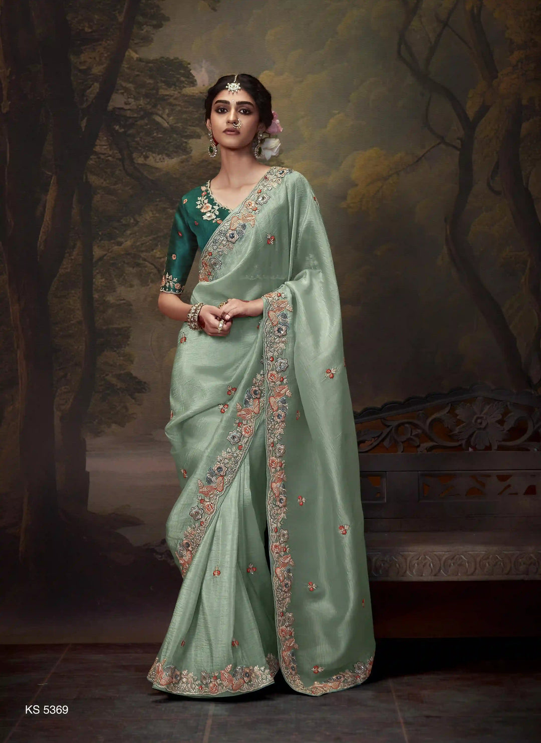 Light Mint Green Handwork Saree with Beads & Sequins for Party Wear