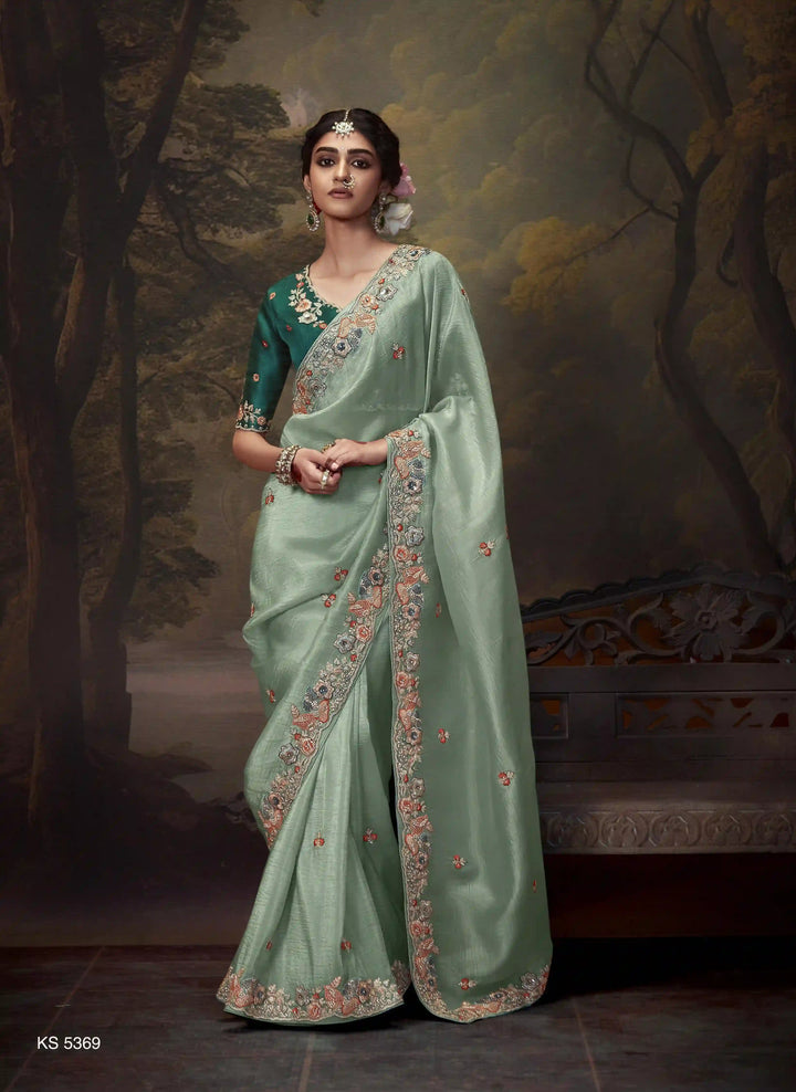 Light Mint Green Handwork Saree with Beads & Sequins for Party Wear