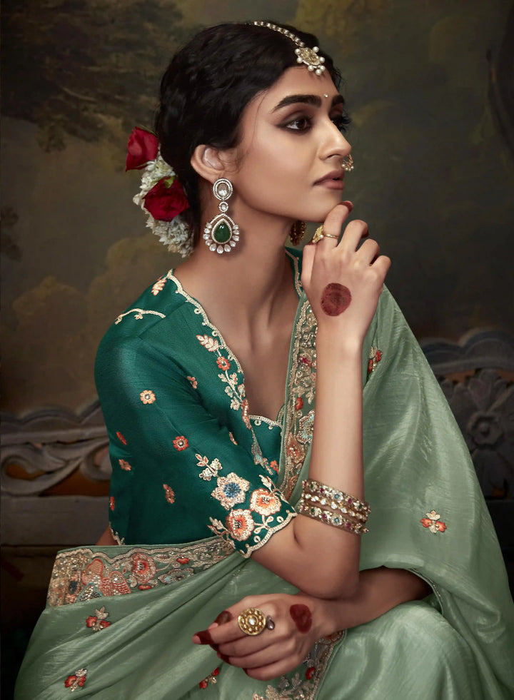Light Mint Green Handwork Saree with Beads & Sequins for Party Wear