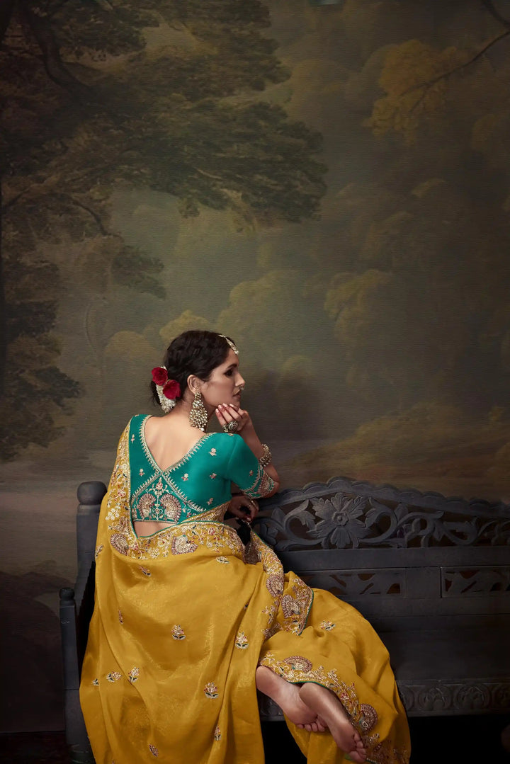 Mustard Yellow Handwork Saree with Beads & Sequins for Women