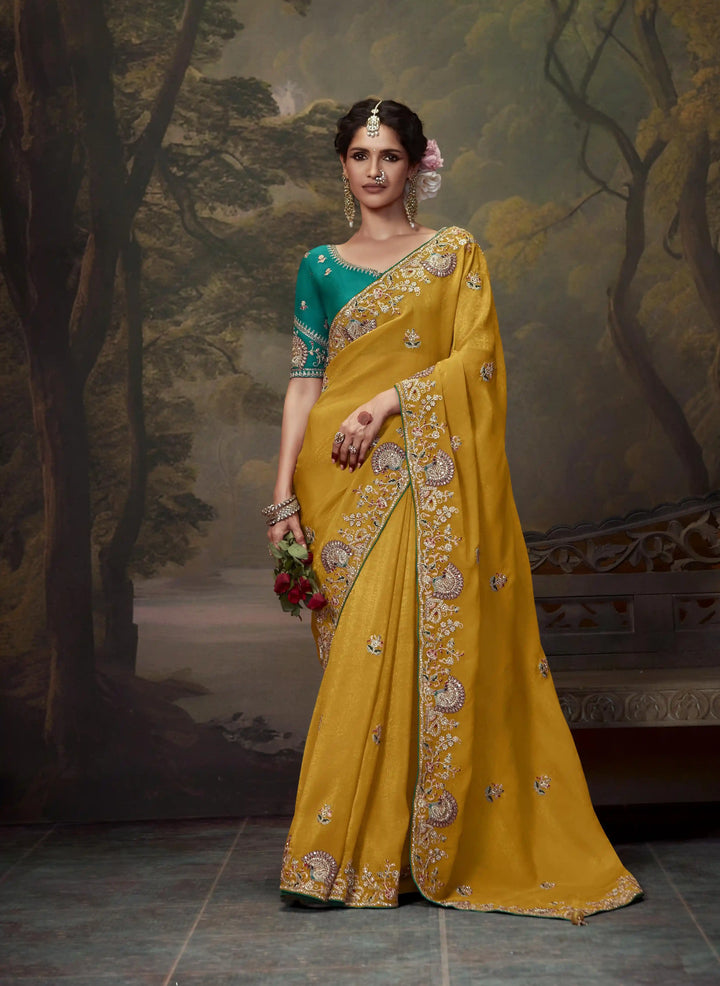 Mustard Yellow Handwork Saree with Beads & Sequins for Women