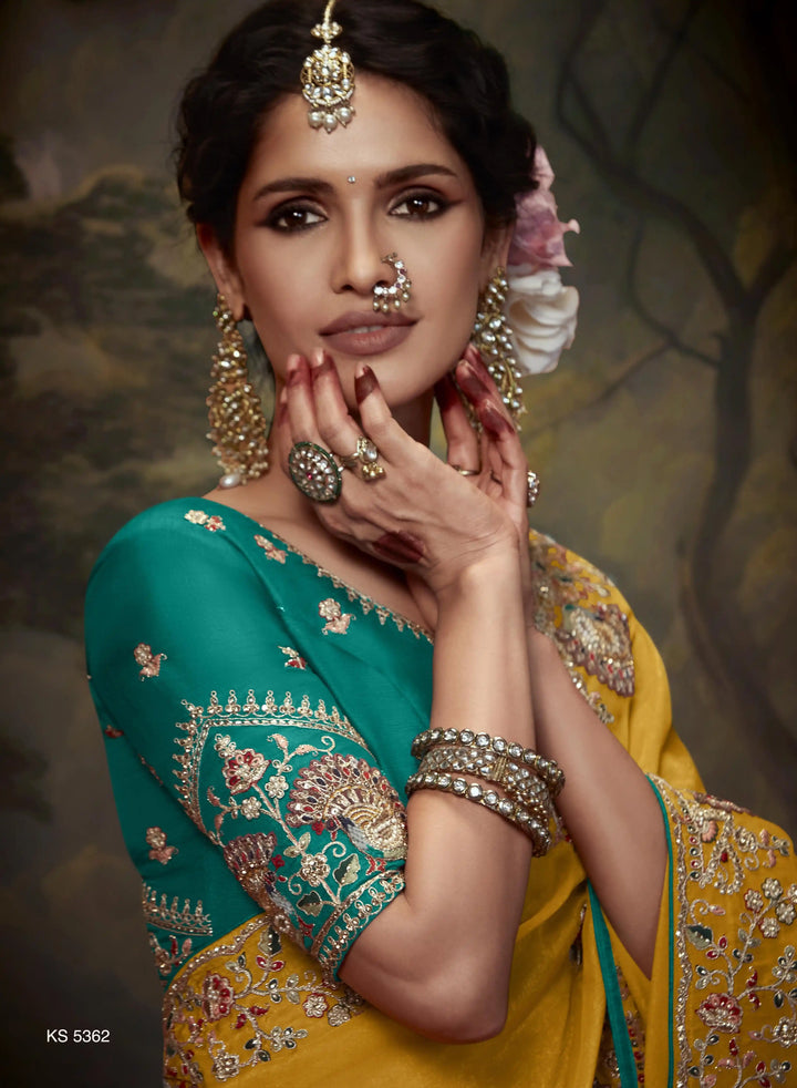 Mustard Yellow Handwork Saree with Beads & Sequins for Women