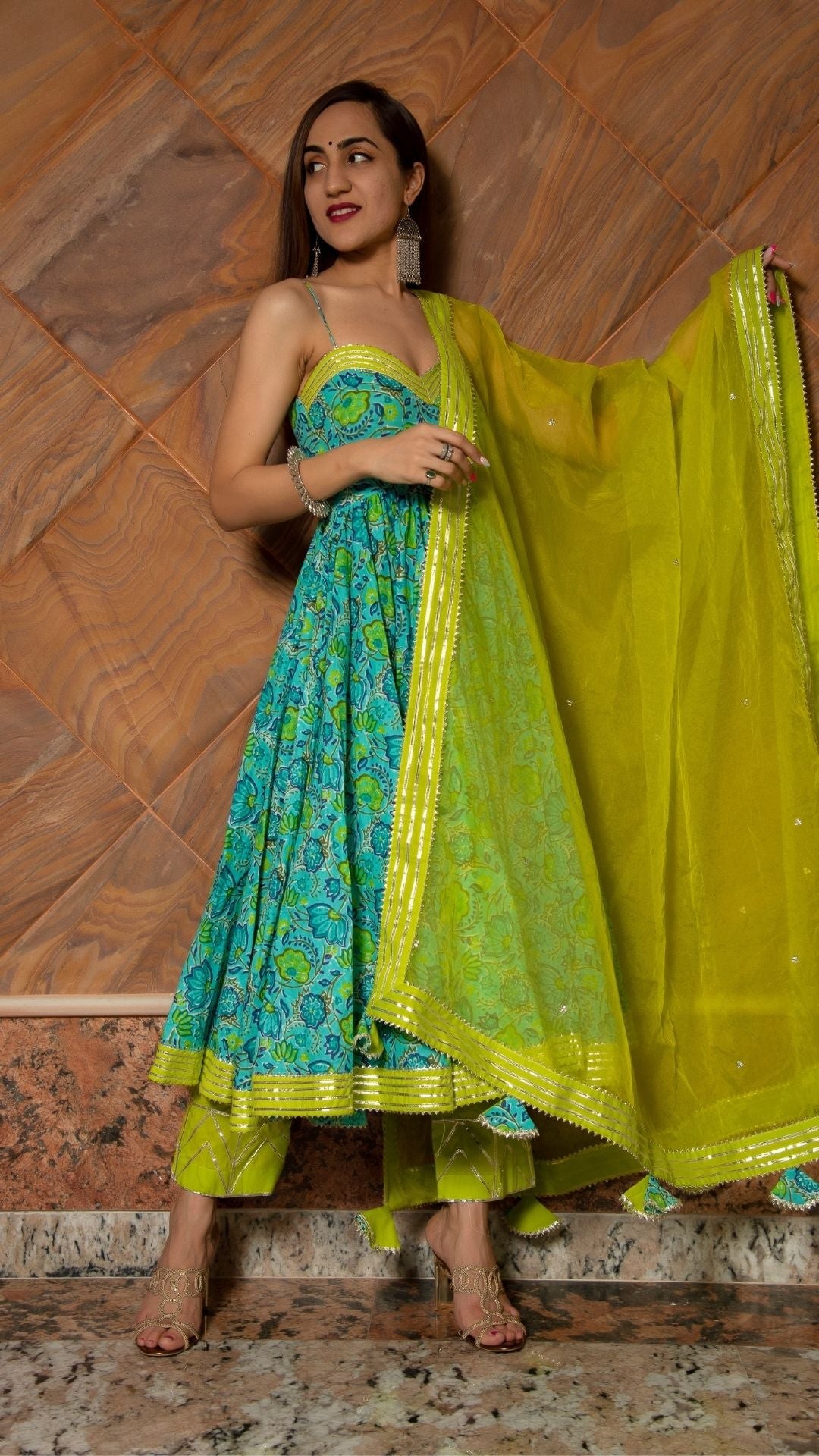 DHARA GREEN HAND BLOCK PURE COTTON ANARKALI SET - Pomcha Jaipur