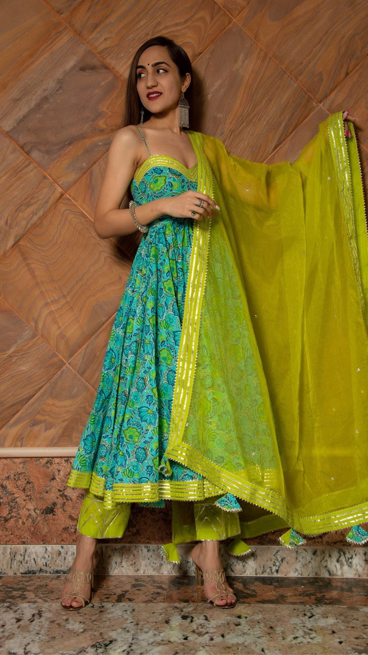 DHARA GREEN HAND BLOCK PURE COTTON ANARKALI SET - Pomcha Jaipur