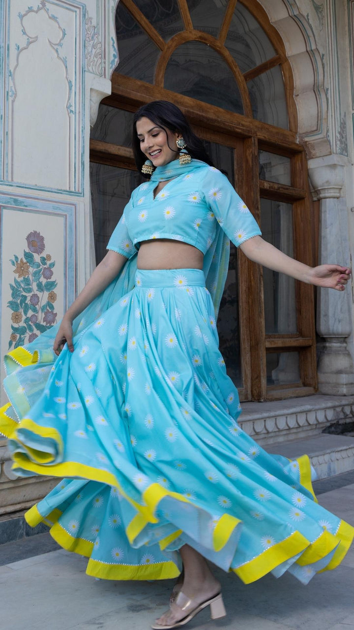 Signature Elegance Unveiled | Blue Muslin Lehenga & Chiffon Dupatta