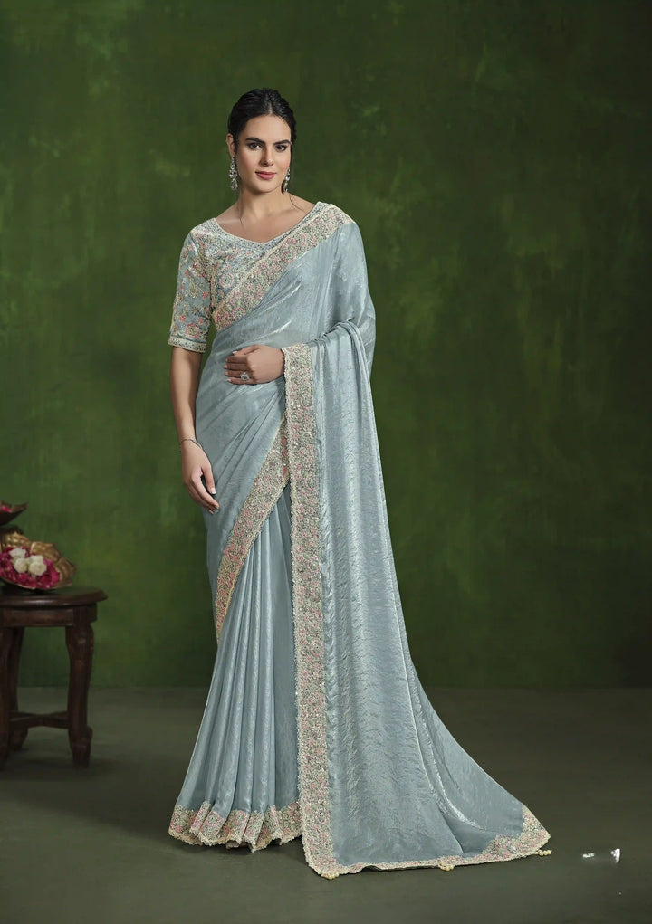 Graceful Light Sky Gray Satin Silk Saree with Hand Work