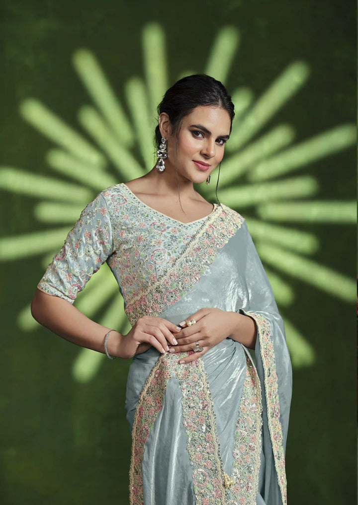 Graceful Light Sky Gray Satin Silk Saree with Hand Work