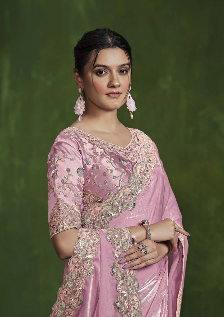 Two Tone Pink Satin Saree with Designer Hand Embroidery