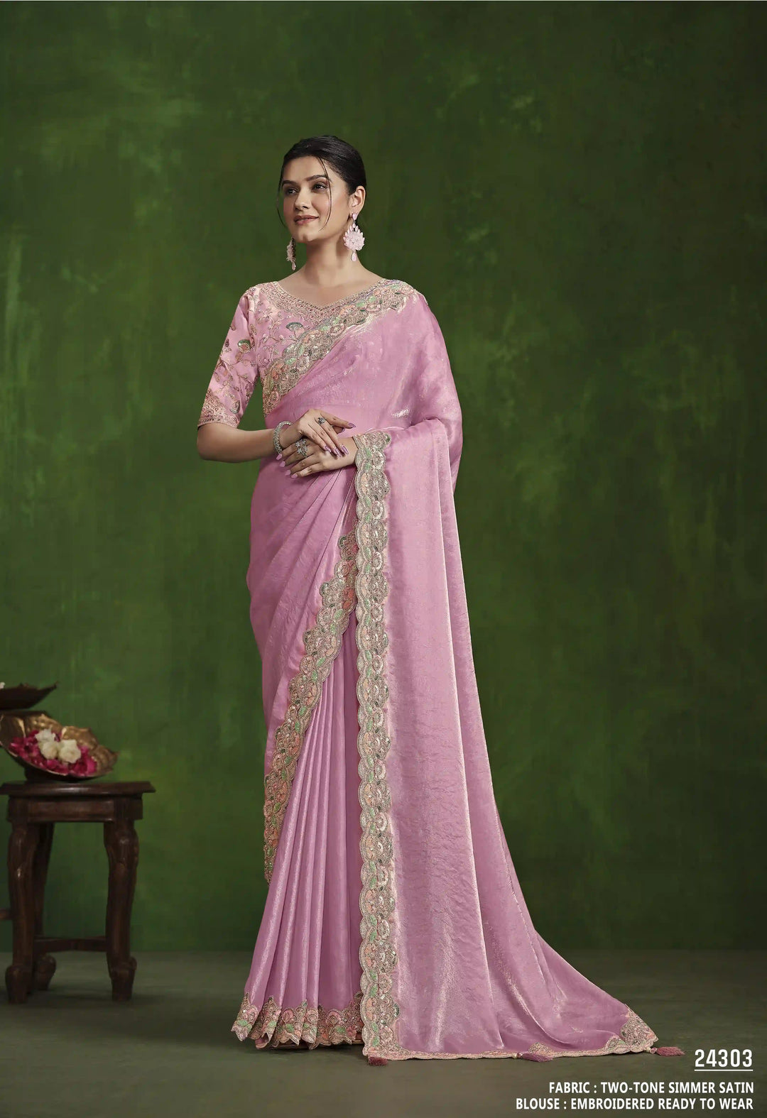 Two Tone Pink Satin Saree with Designer Hand Embroidery