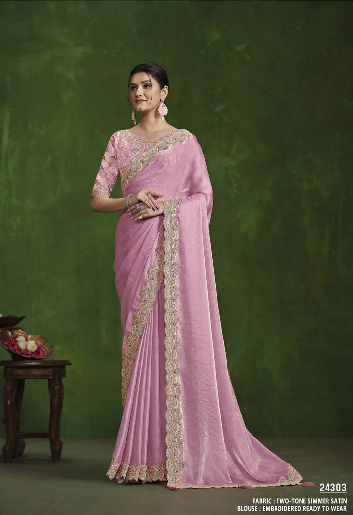 Two Tone Pink Satin Saree with Designer Hand Embroidery