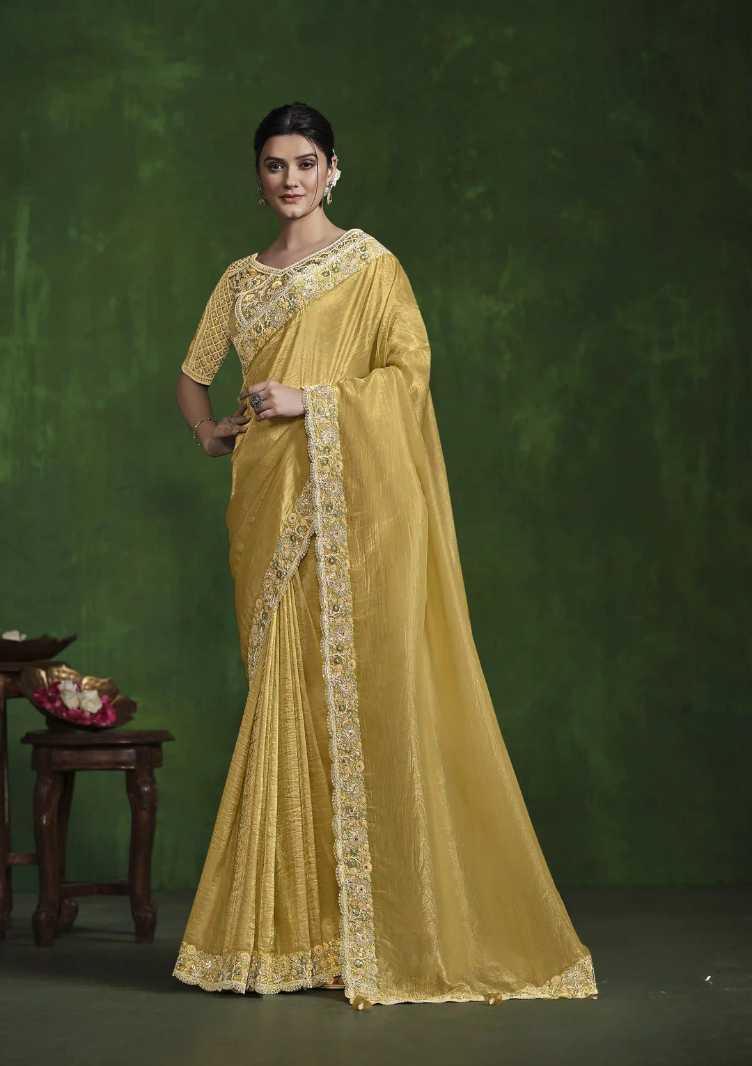 Radiant Yellow Silk Saree with Satin Blouse & Hand Work