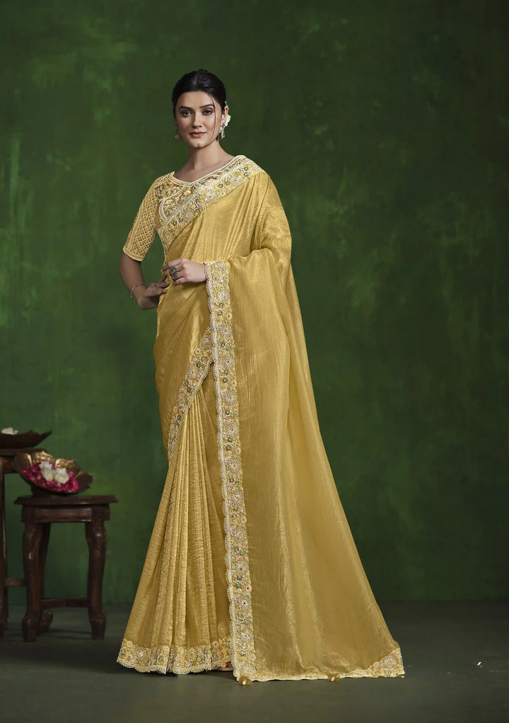 Radiant Yellow Silk Saree with Satin Blouse & Hand Work