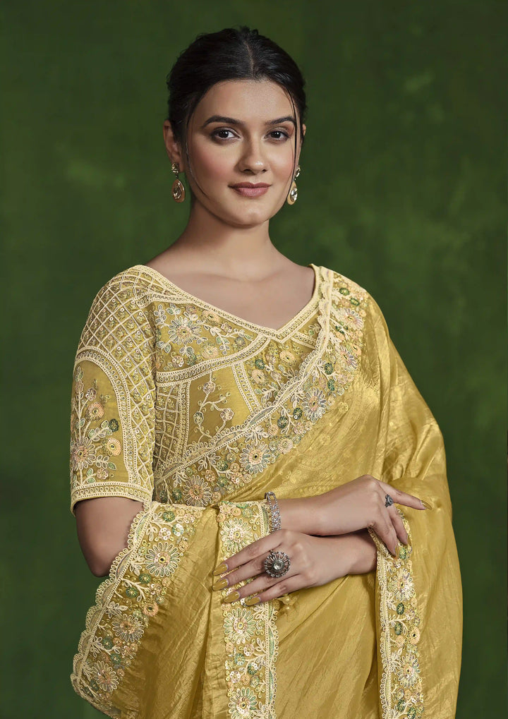 Radiant Yellow Silk Saree with Satin Blouse & Hand Work