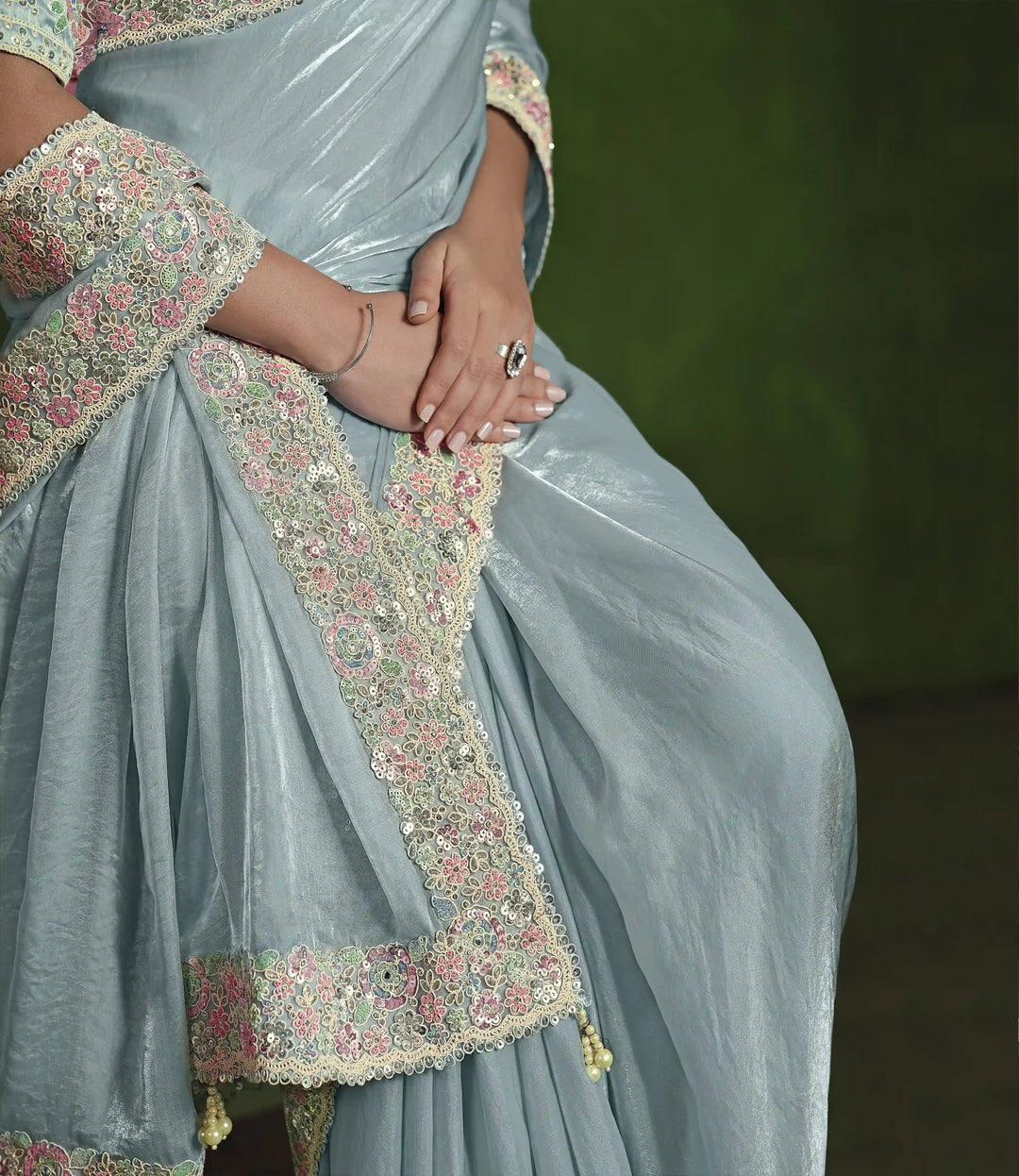 Graceful Light Sky Gray Satin Silk Saree with Hand Work