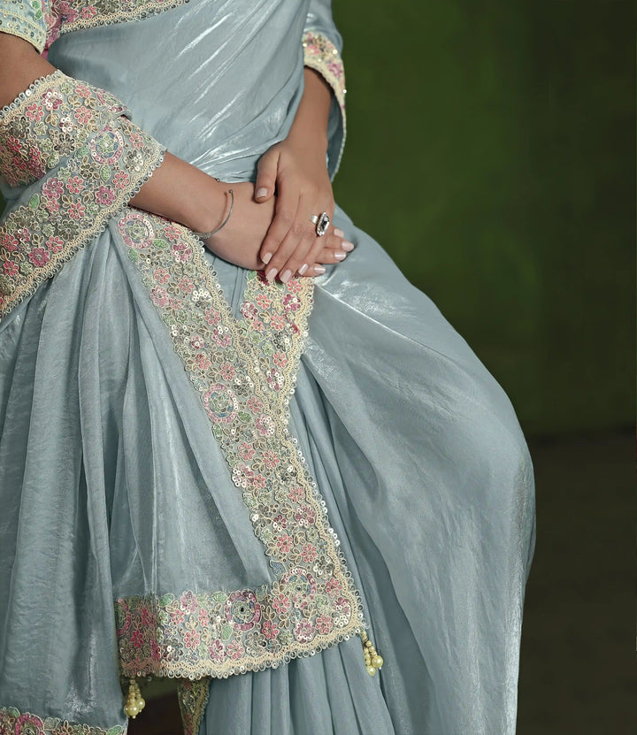 Graceful Light Sky Gray Satin Silk Saree with Hand Work