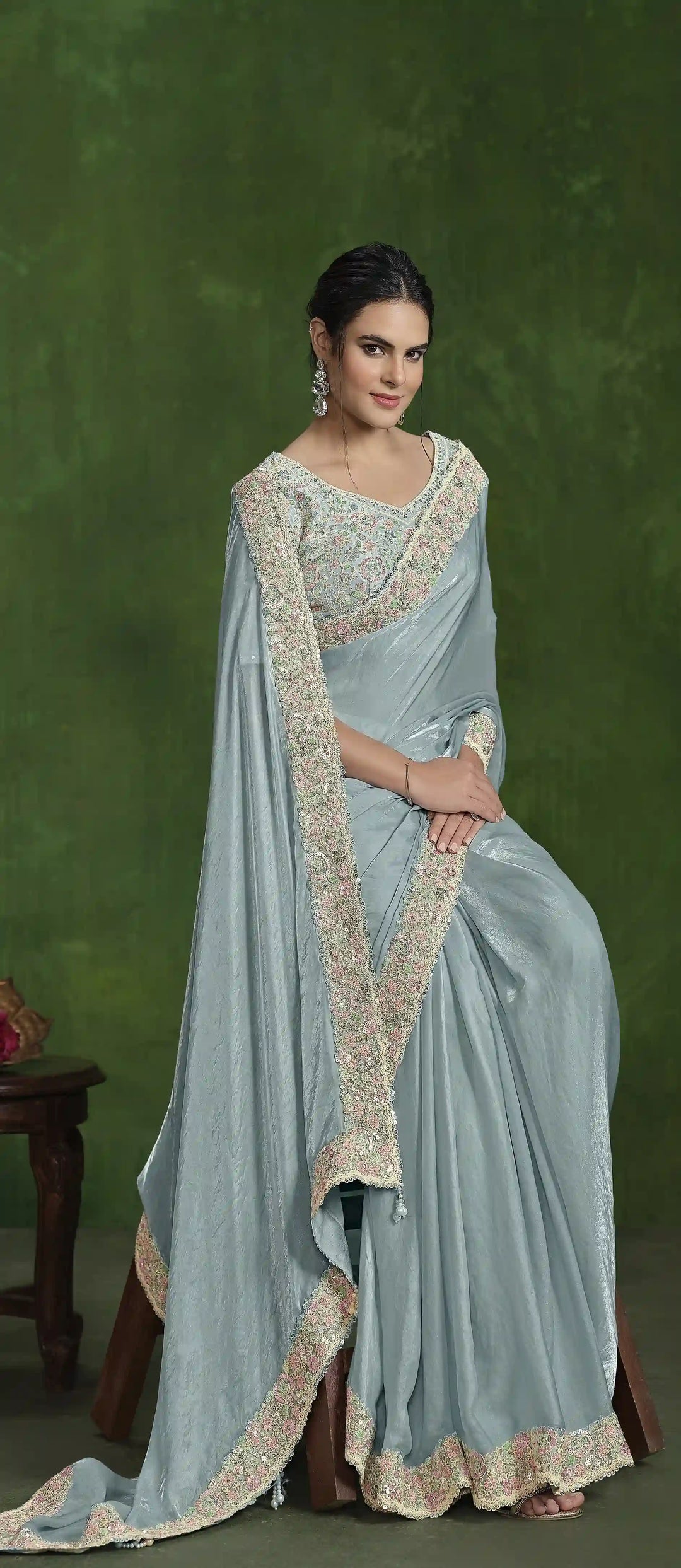 Graceful Light Sky Gray Satin Silk Saree with Hand Work