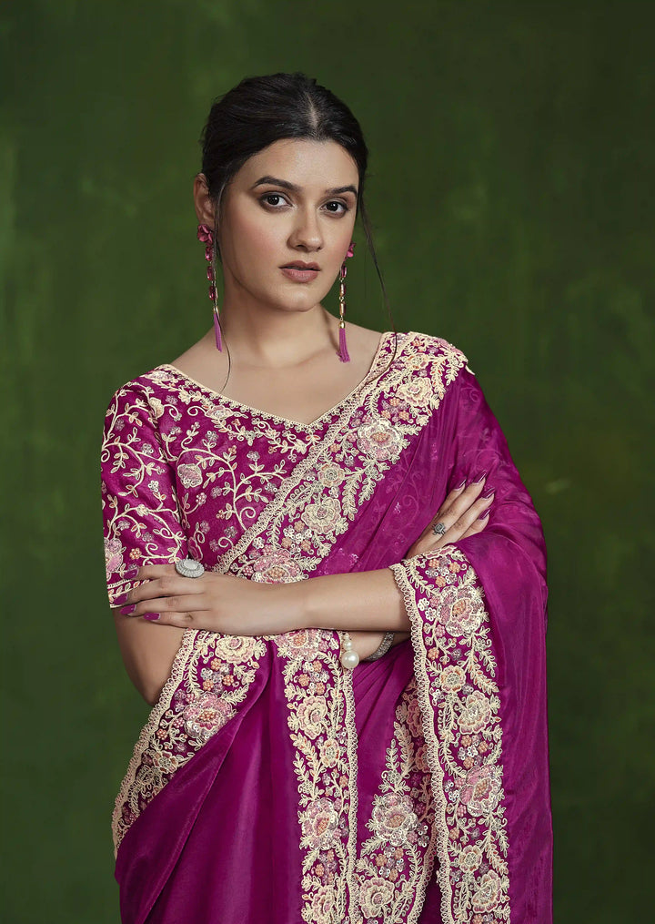 Celebrate in Style with Bright Pink Hand Work Silk Saree