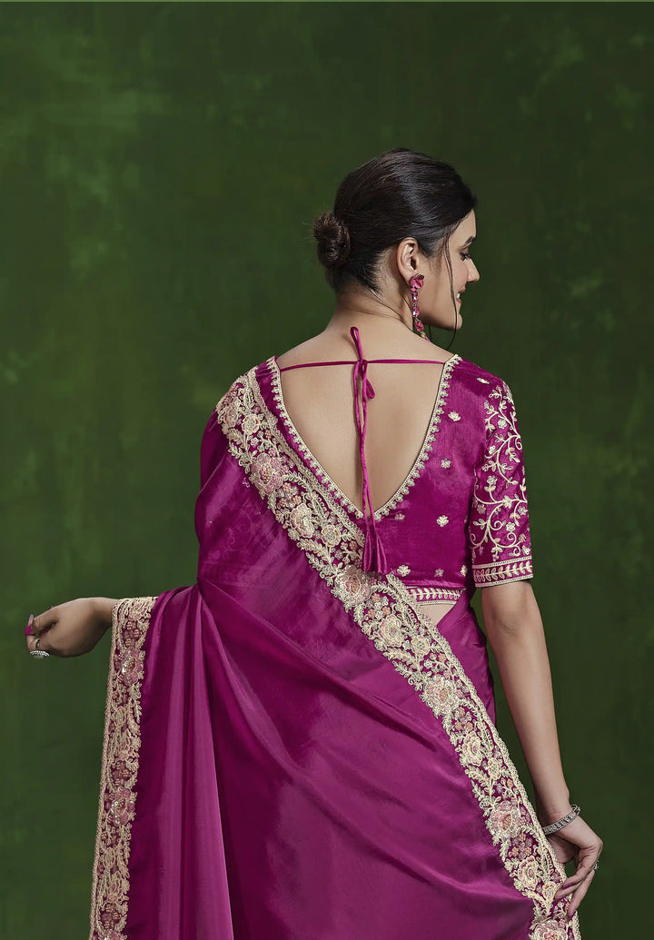 Celebrate in Style with Bright Pink Hand Work Silk Saree