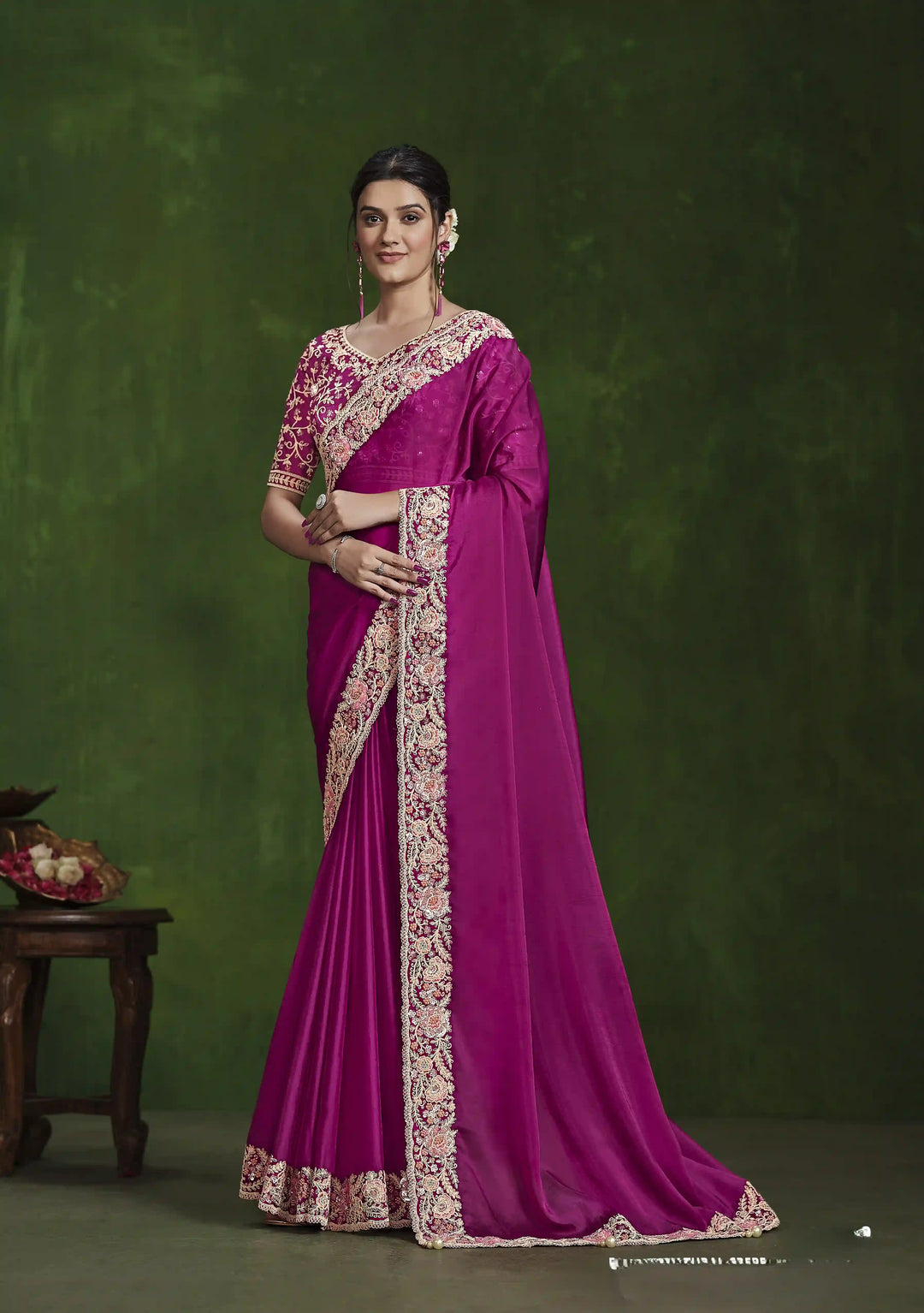 Celebrate in Style with Bright Pink Hand Work Silk Saree