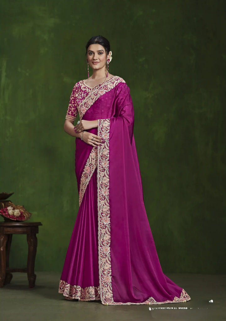 Celebrate in Style with Bright Pink Hand Work Silk Saree