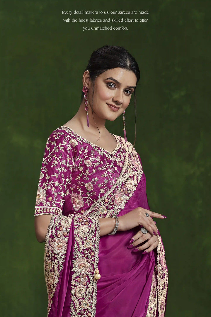 Celebrate in Style with Bright Pink Hand Work Silk Saree