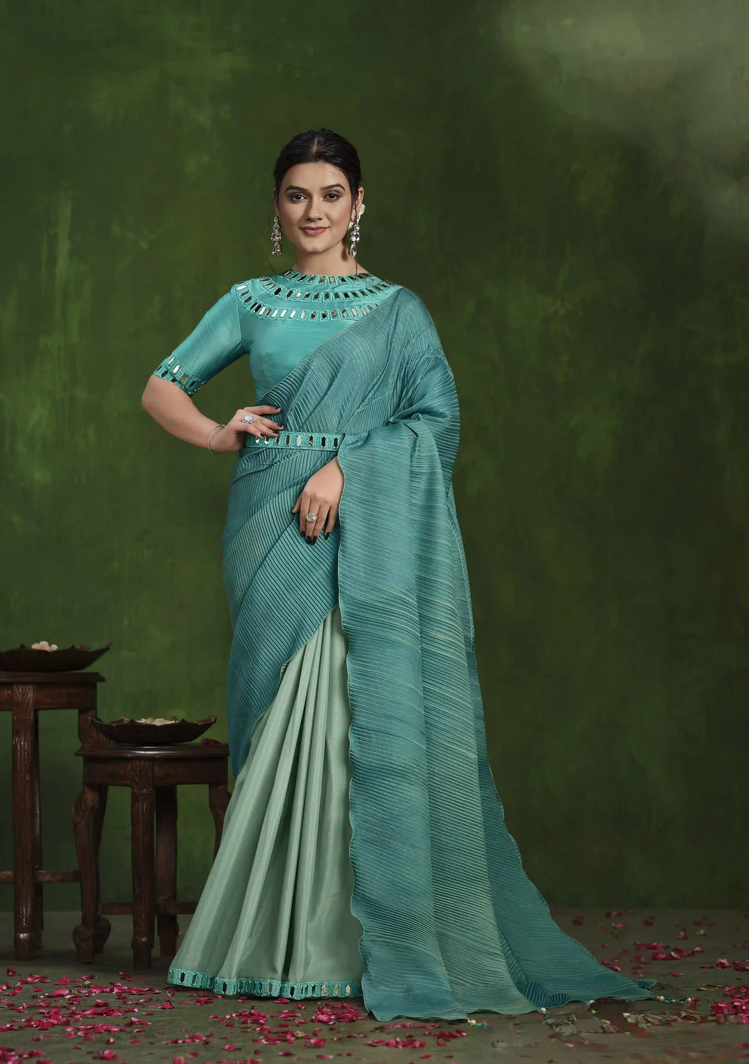 Rama Georgette Saree with Malai Satin Blouse & Mirror Threads